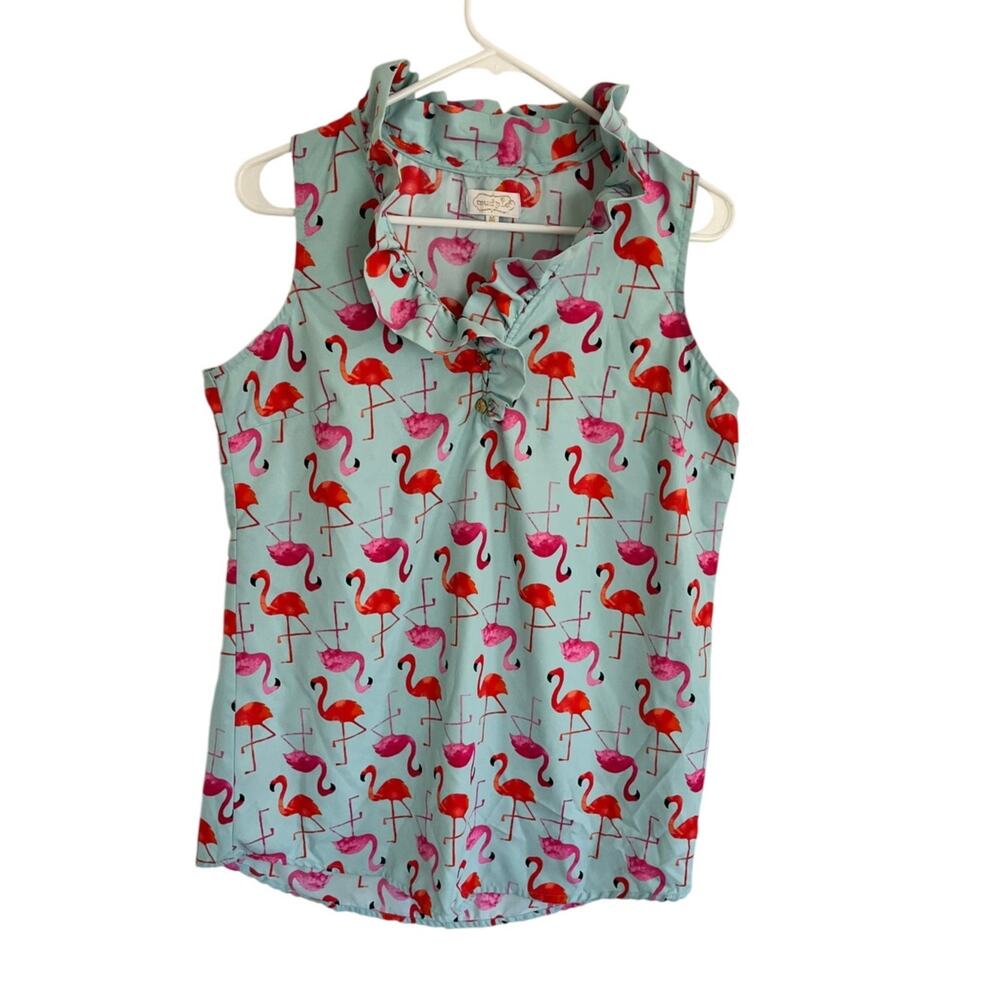 Mud Pie Flamingo Ruffle Neck Sleeveless Blouse Blue Pink M